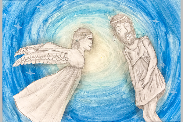 Chelsea K. Christmas Art Story angel with Joseph