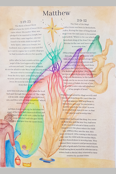 Emily K. Christmas Art Story verse in bible with background of 3 kings and holy family