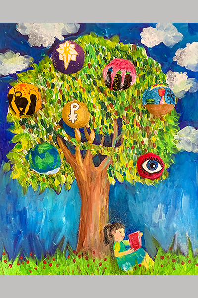 Mia M. Christmas Art Story little girl reading book under a tree