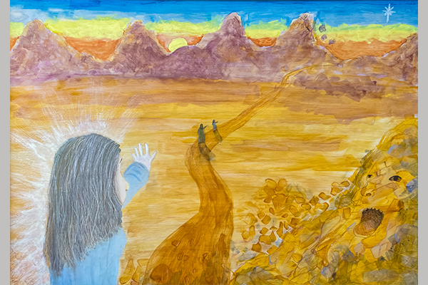 Zoe V. Chirtsmas Art Story Woman with palm out waving to two people