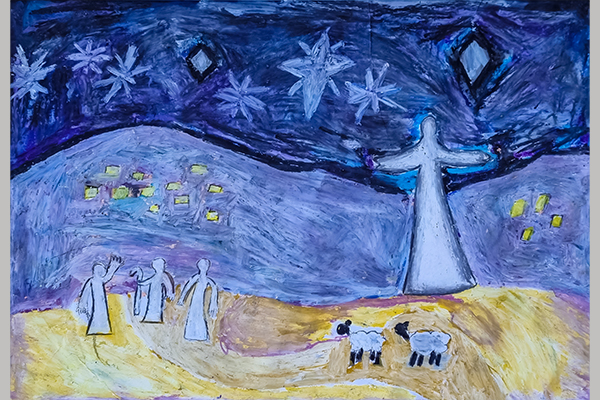 Bridie W. Christmas art story blue painting with Christ