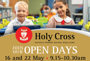 A photo showing two students and graphics inviting parents to attend Holy Cross' upcoming Open Days in May