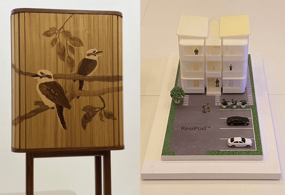 A full-circle moment for Sydney Catholic Schools’ HSC SHAPE showcase story Image showing the major works of two Freeman Catholic College Bonnyrigg Heights that were featured in the UTS Shape Showcase 2026